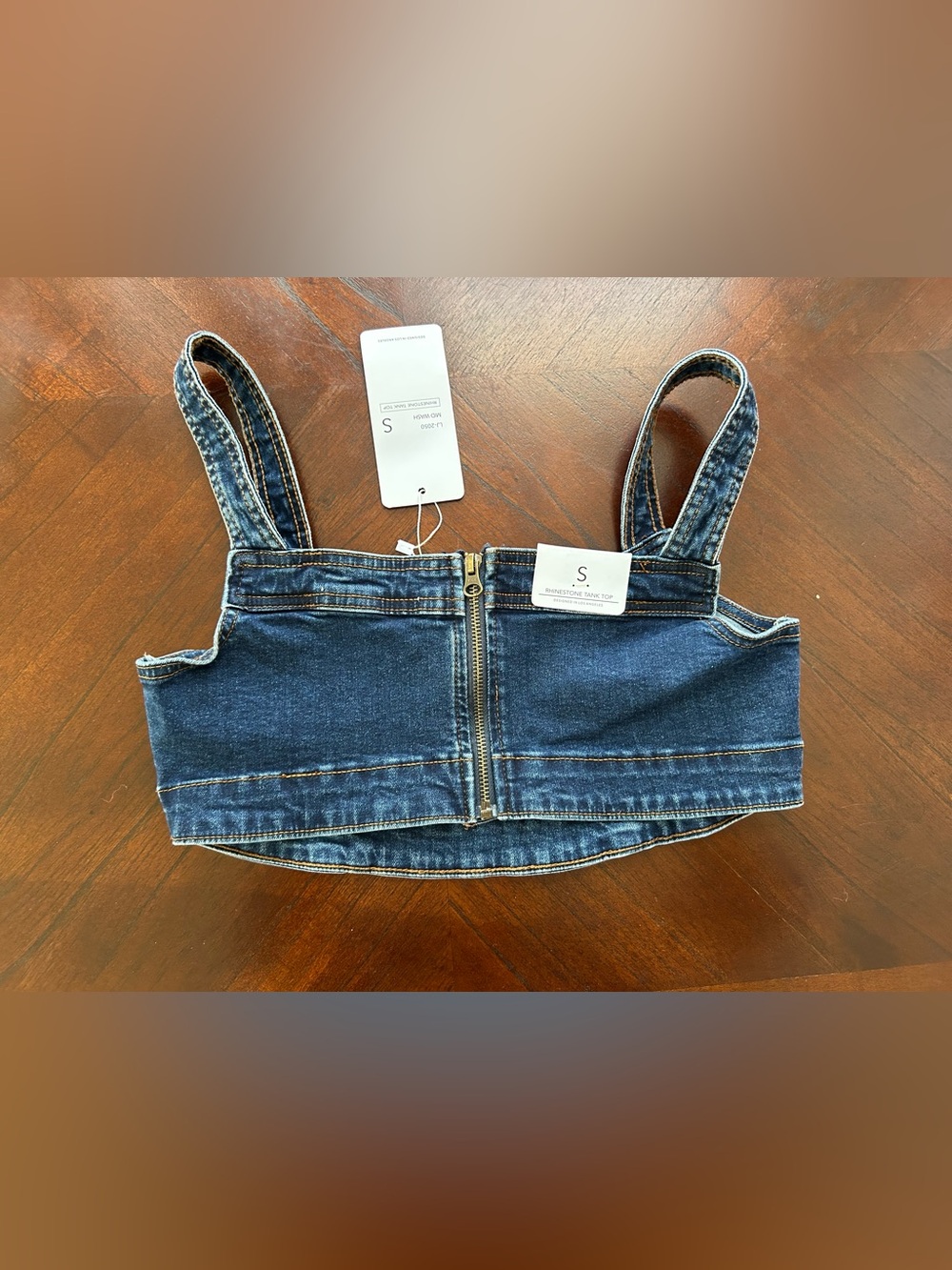 Labijou Dark Blue Denim Pearl-Embellished Crop Top size s - Picture 5 of 5